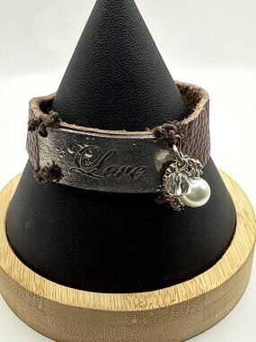 Boho Brown Leather Cuff Bracelet Distressed Silver Love Plaque Pearl Charm